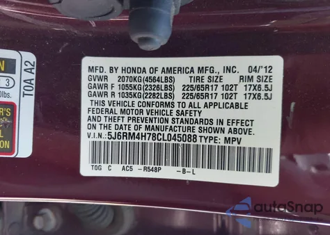 2012 Honda Cr-V Ex-L from USA, damaged, VIN 5J6RM4H78CL045088